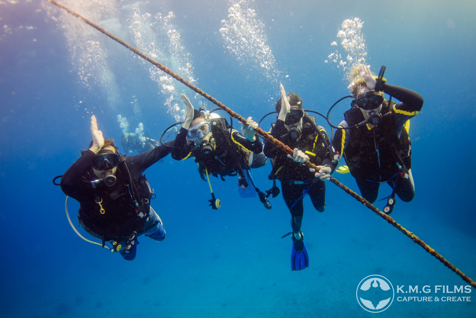 A diver watches a pelagic thresher pass at safe distance during a safety stop near Kimud Shoal, Malapascua.